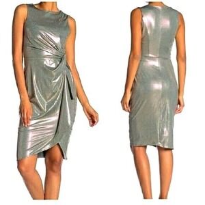 Superfoxx Sheath Dress Size Small Silver Sleeveless Metallic Side Twist Cocktail